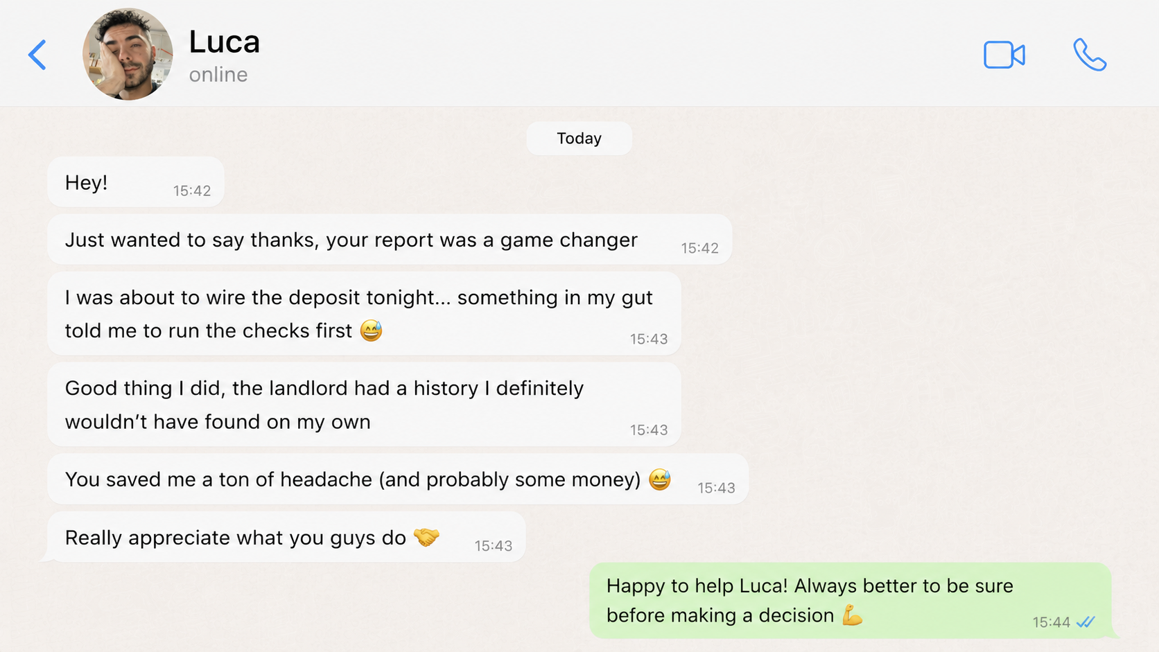 WhatsApp message from Luca